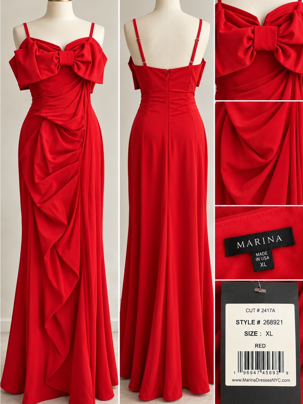 MARINA NWT Red Draped Bow-Accent Prom Gown
